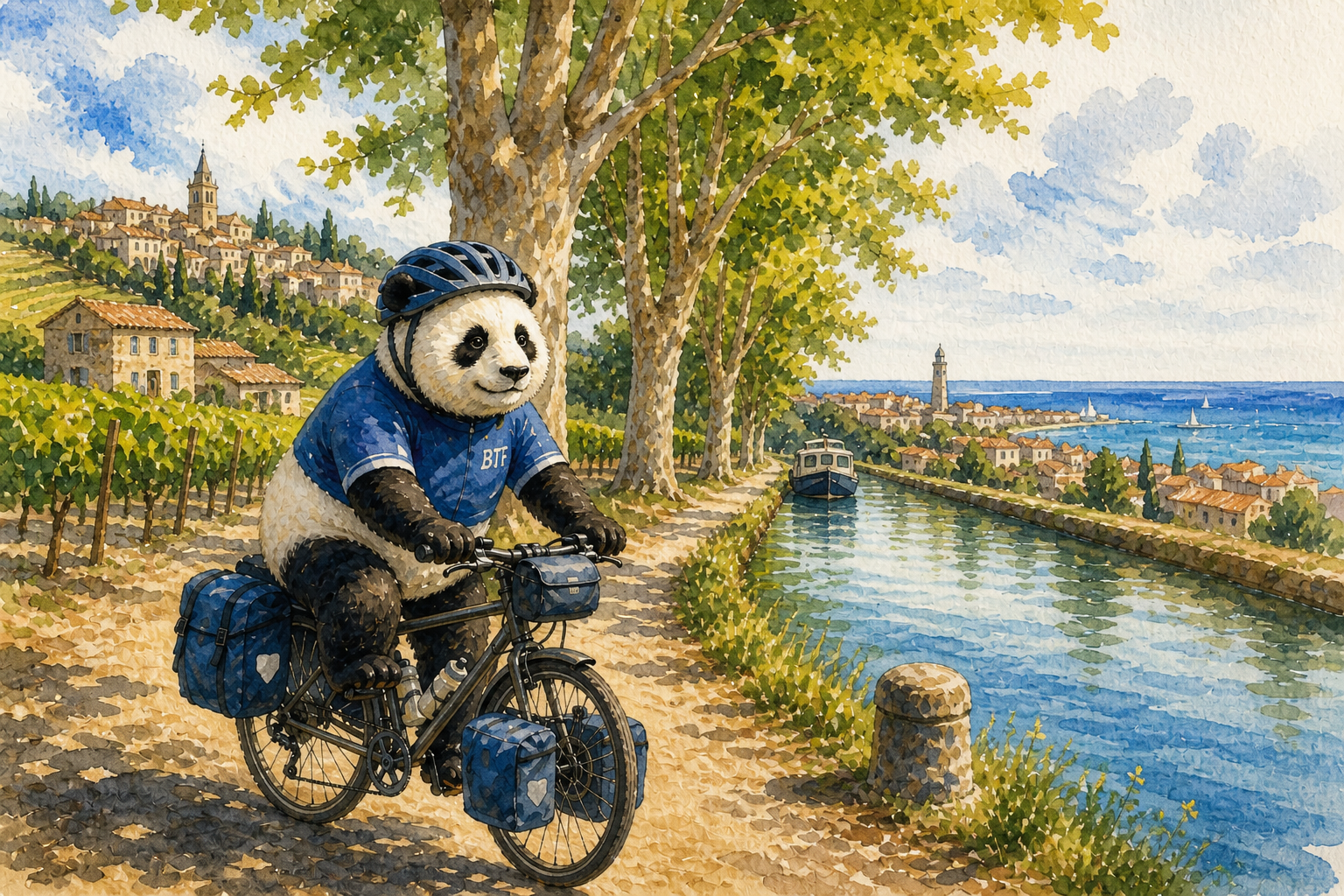Panda cyclist on tree branch overlooking the Canal du Midi with Sète port in distance
