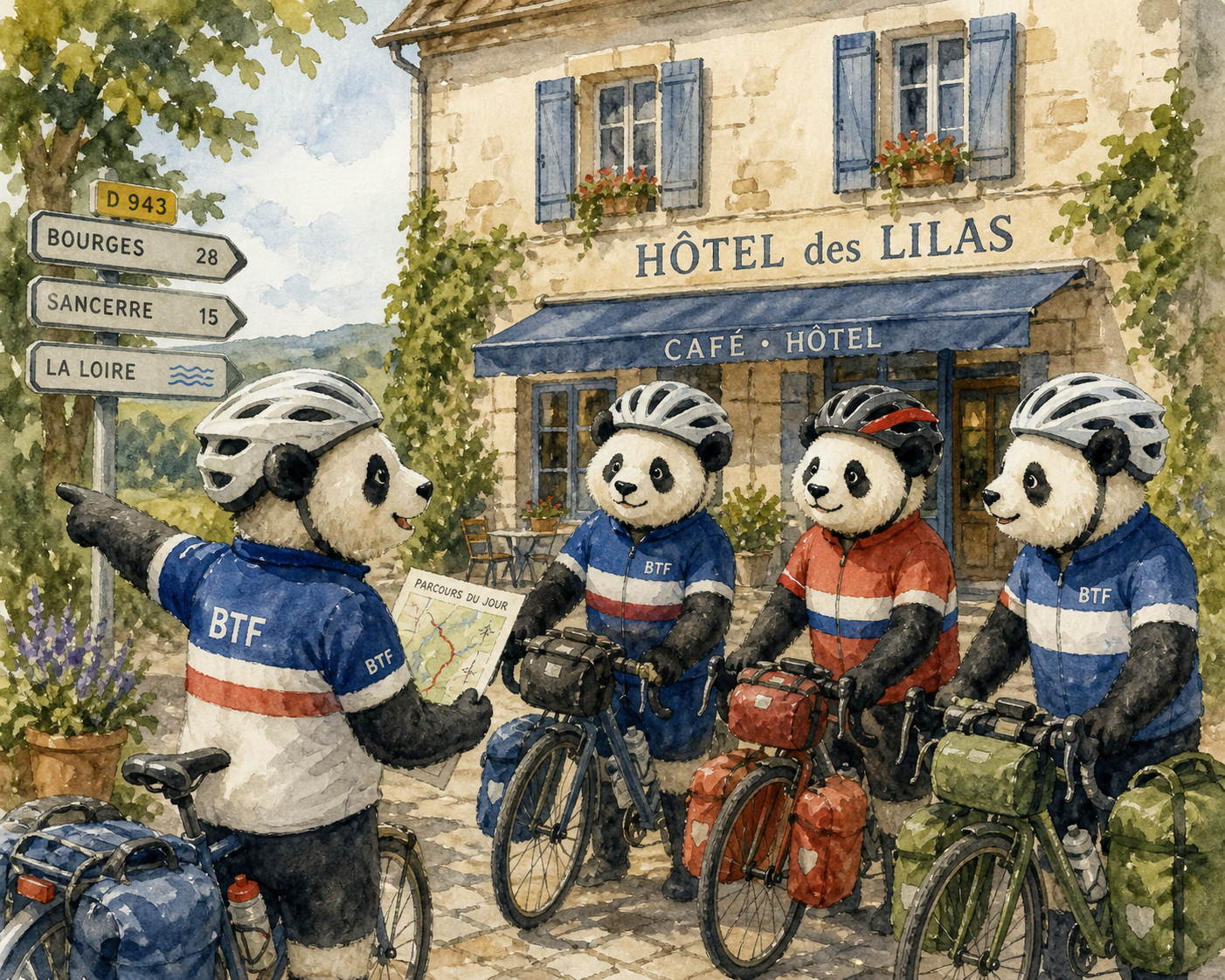 Four pandas with loaded bikes at Hotel des Lilas examining daily route map