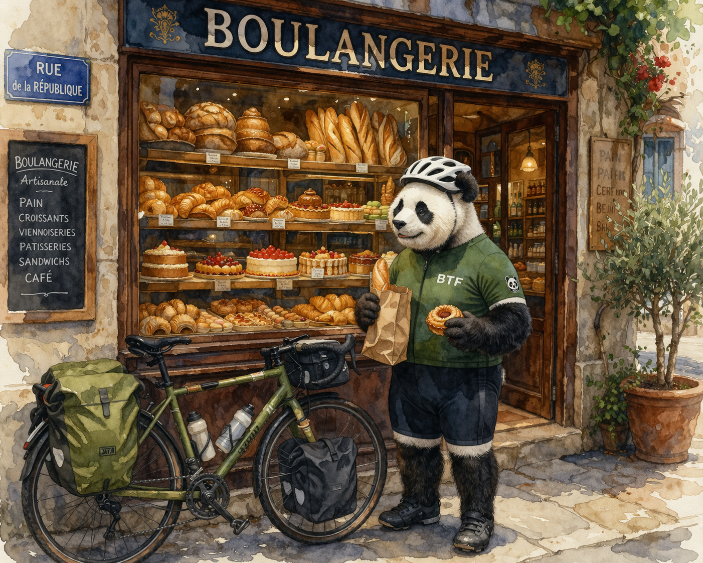 Four pandas relaxing with coffee at Café du Pont during evening break on the canal route