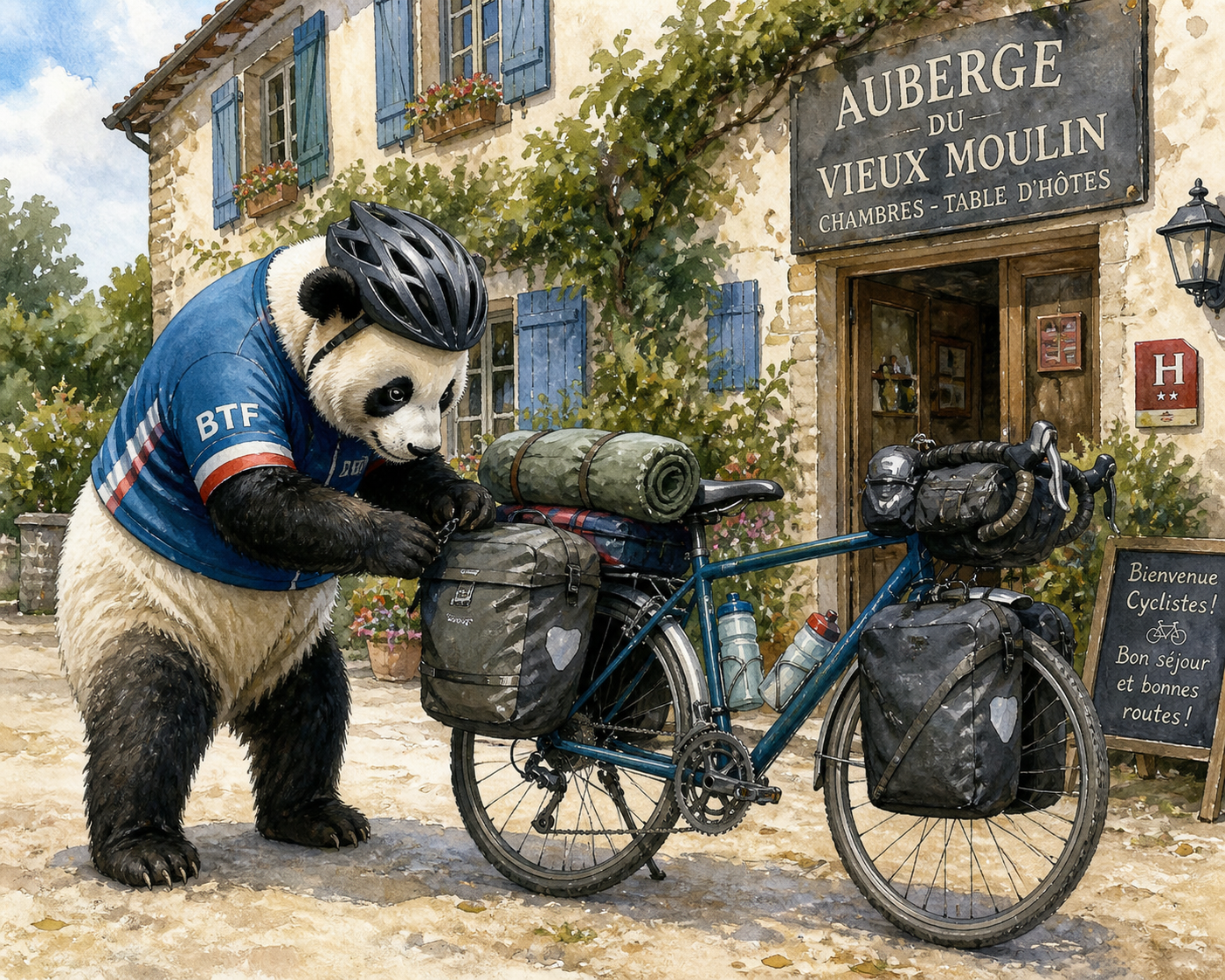 Panda cyclist with touring bike and full panniers arriving at Auberge du Vieux Moulin