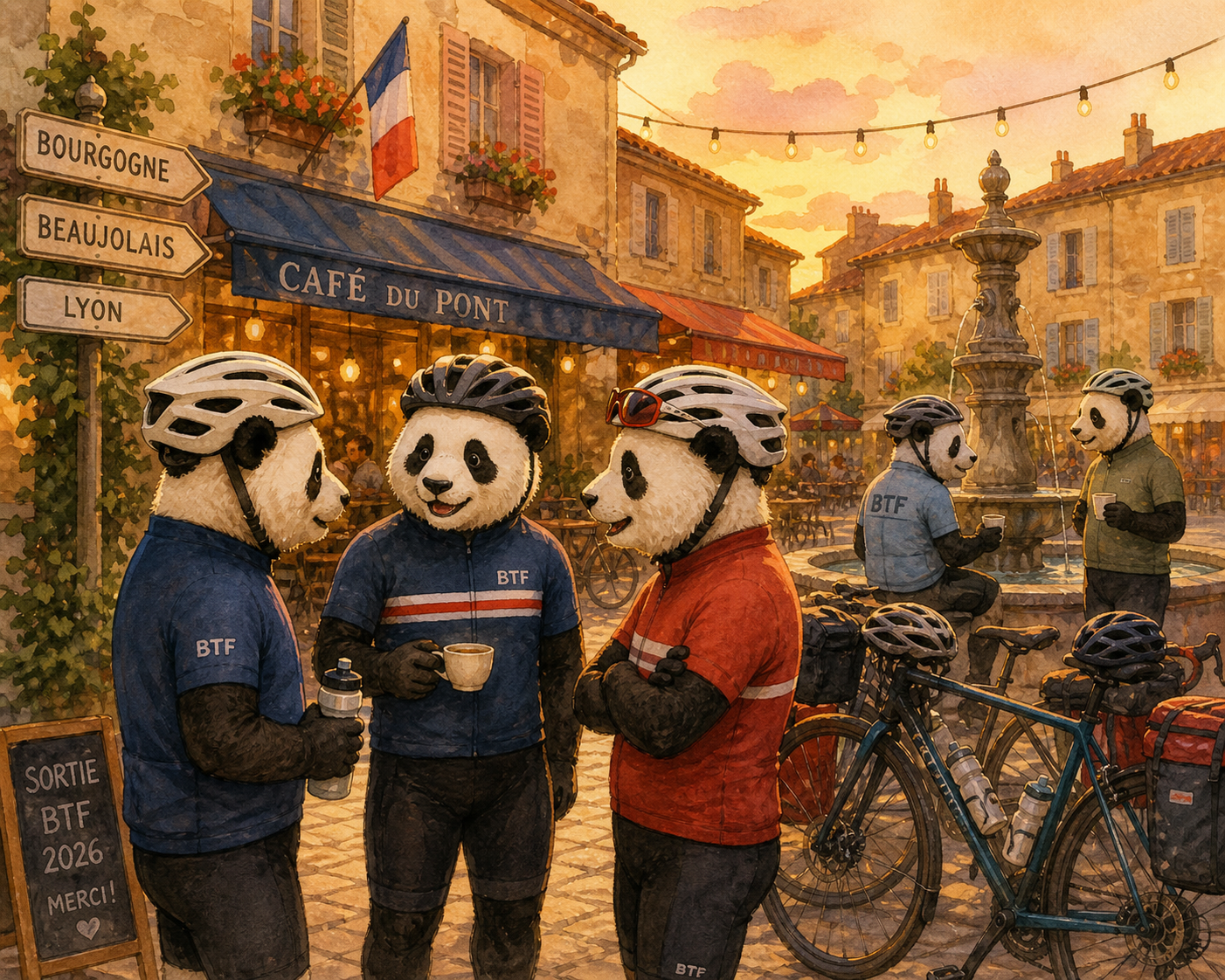 Panda cyclist holding fresh croissant in front of French boulangerie artisanale