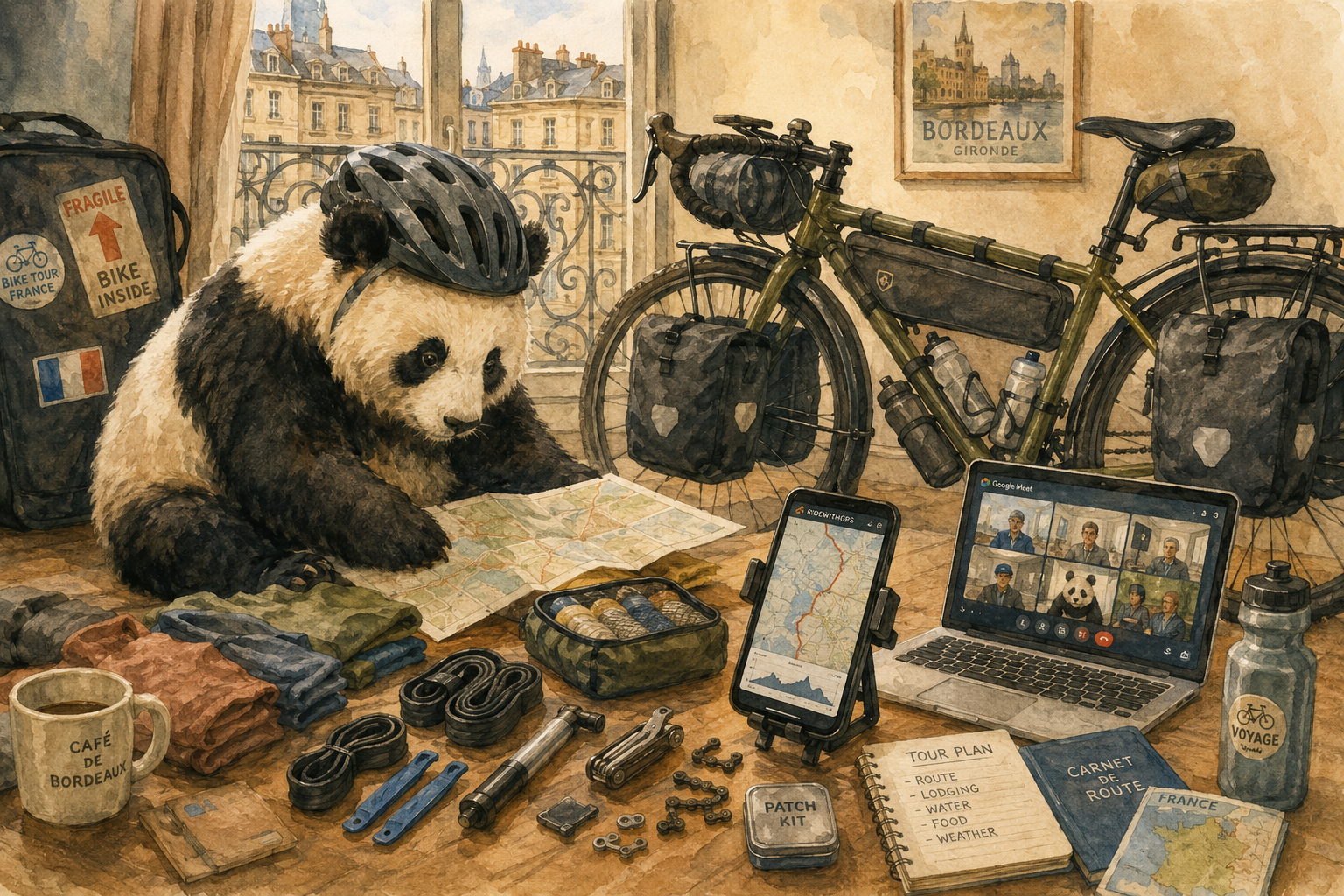 Panda planning route with maps, laptop, and bike gear at Bordeaux apartment
