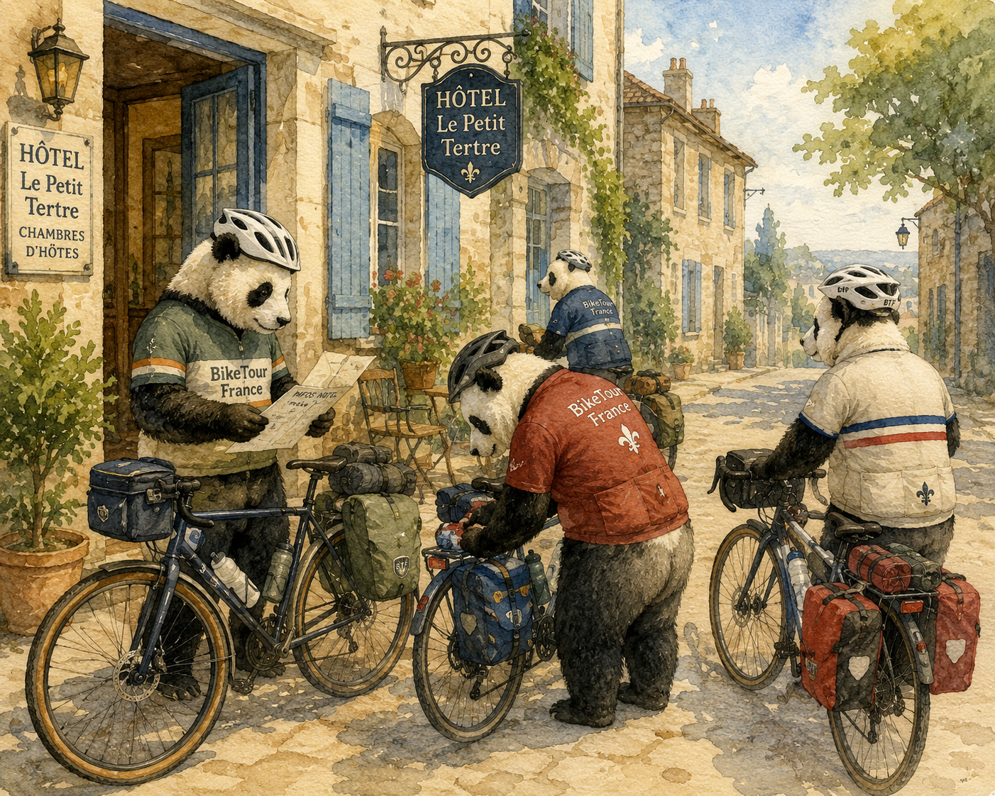 Panda cyclist on tree-lined Canal des Deux Mers path approaching Sète with Mediterranean coast in view